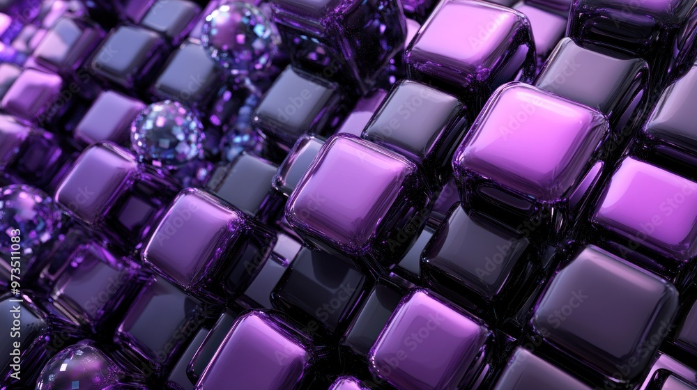 Close up of purple glass cubes and spheres. Close up of purple glass cubes and spheres.