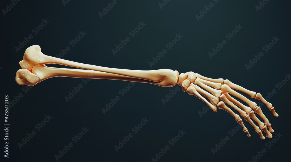 Close-up of a human forearm and hand skeleton against a dark blue background. Close-up of a human forearm and hand skeleton against a dark blue background.