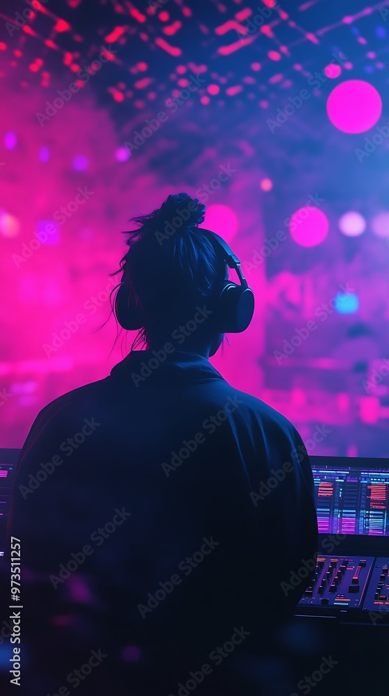Silhouette of a DJ mixing music in a nightclub with vibrant neon lights. Silhouette of a DJ mixing music in a nightclub with vibrant neon lights.