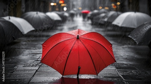 A red umbrella floating in a sea of monochrome black and white umbrellas, highlighting its vibrant color in a rainy city street