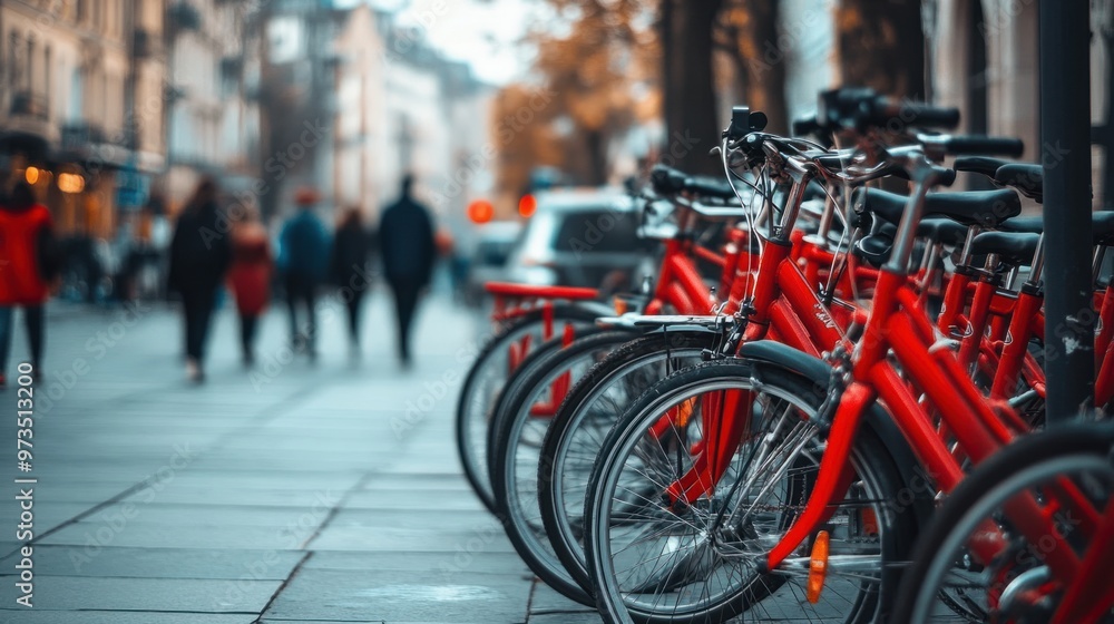 A row of red bicycles parked along a sidewalk in a busy city, with passersby walking in the background A row of red bicycles parked along a sidewalk in a busy city, with passersby walking in the background