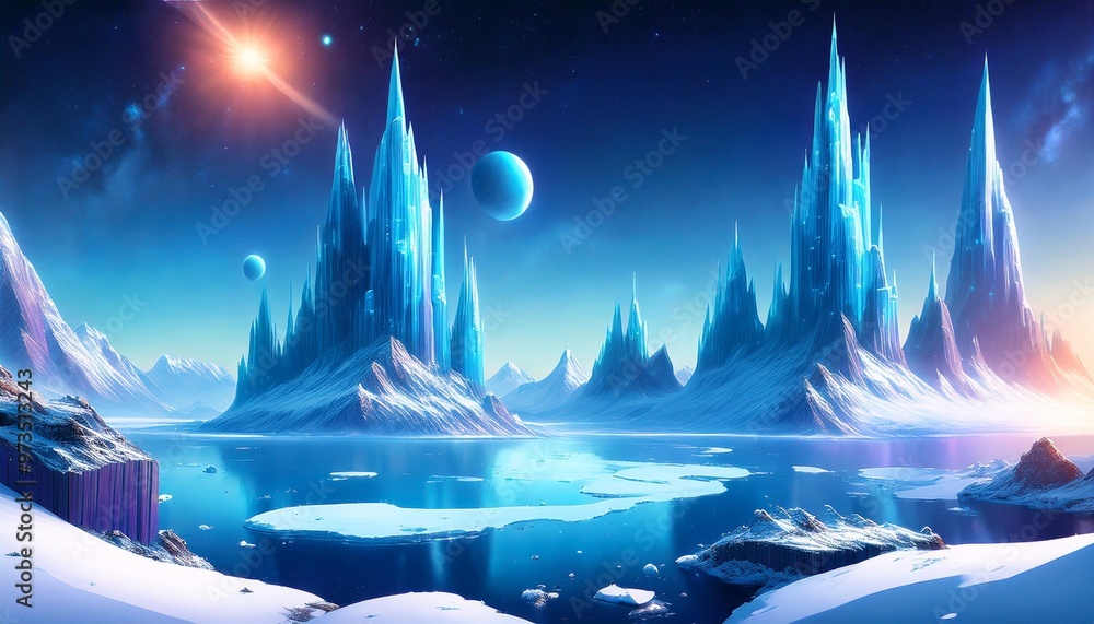 illustrate an icy and alien planet with towering ice spires frozen ...
