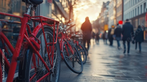 A row of red bicycles parked along a sidewalk in a busy city, with passersby walking in the background