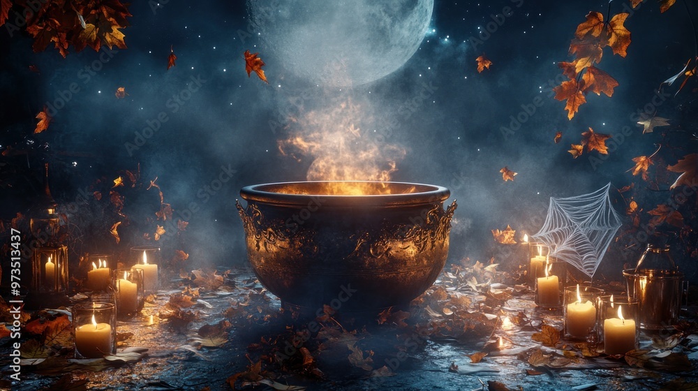 A cauldron with smoke and flames sits on a bed of autumn leaves, lit by candles and a full moon. A cauldron with smoke and flames sits on a bed of autumn leaves, lit by candles and a full moon.