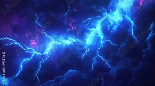 Blue electric lightning strikes through dark clouds with sparkling effect.