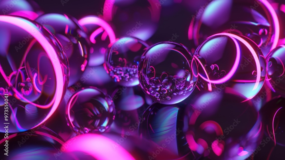 Abstract colorful spheres with pink neon light. Abstract colorful spheres with pink neon light.