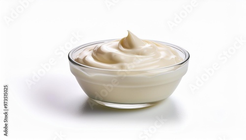 creamy mayonnaise in glass bowl on white background generative ai