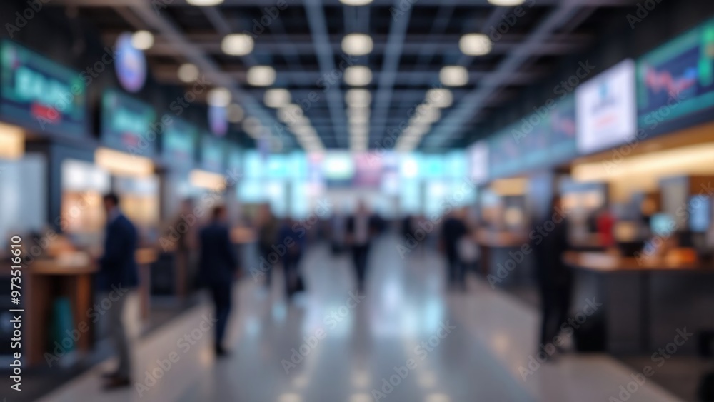 Blur, defocused background of public exhibition hall. Business tradeshow, job fair, or stock market. Organization or company event, commercial trading, or shopping mall marketing advertisement concept Blur, defocused background of public exhibition hall. Business tradeshow, job fair, or stock market. Organization or company event, commercial trading, or shopping mall marketing advertisement concept