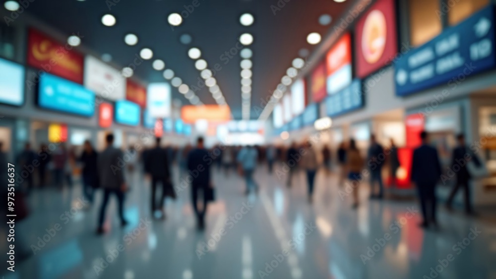 Blur, defocused background of public exhibition hall. Business tradeshow, job fair, or stock market. Organization or company event, commercial trading, or shopping mall marketing advertisement concept Blur, defocused background of public exhibition hall. Business tradeshow, job fair, or stock market. Organization or company event, commercial trading, or shopping mall marketing advertisement concept