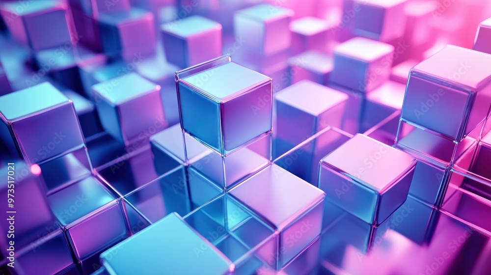 Abstract geometric background of blue and purple cubes in a grid. Abstract geometric background of blue and purple cubes in a grid.