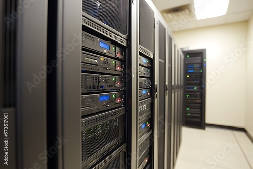 Server room with rows of black servers in a data center