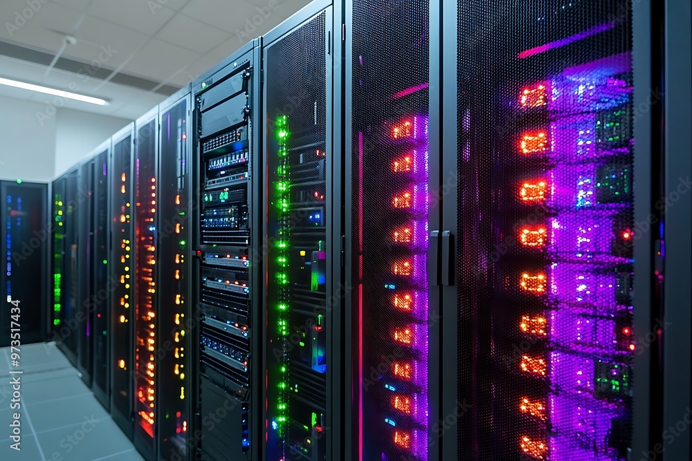 Row of illuminated server racks in modern data center. Network, technology, internet, cybersecurity concept. Row of illuminated server racks in modern data center. Network, technology, internet, cybersecurity concept.