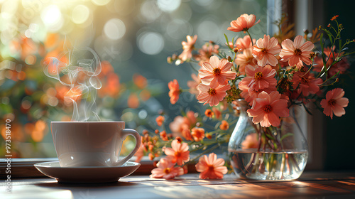 The flowers are orange and arranged in a vase, and the scene is set in a window