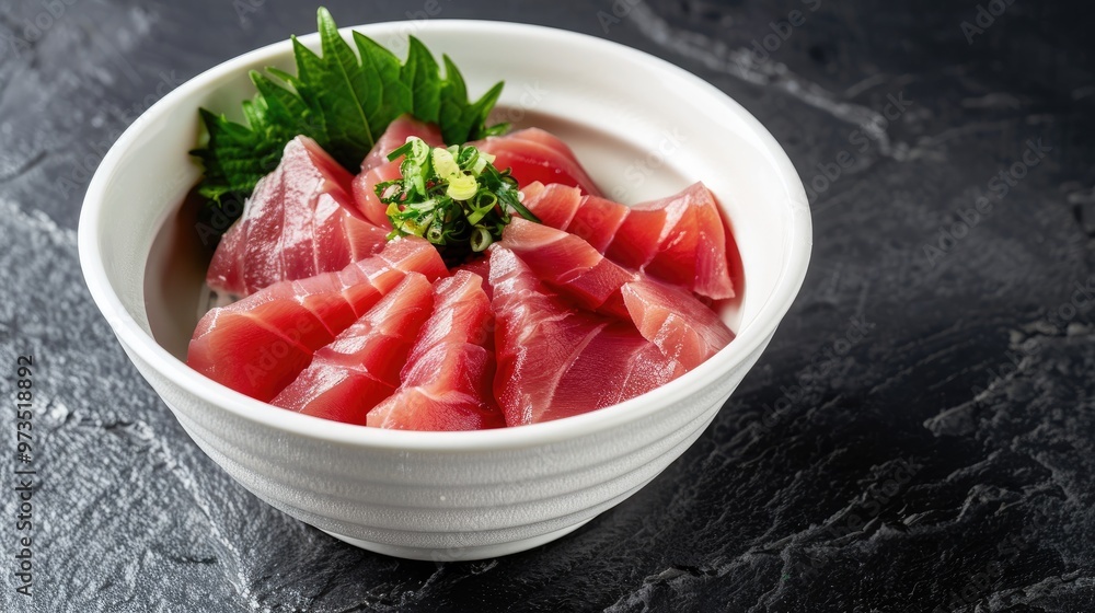 Tuna topping katsuobushi in white ceramic bowl on black stone background close up view Tuna topping katsuobushi in white ceramic bowl on black stone background close up view