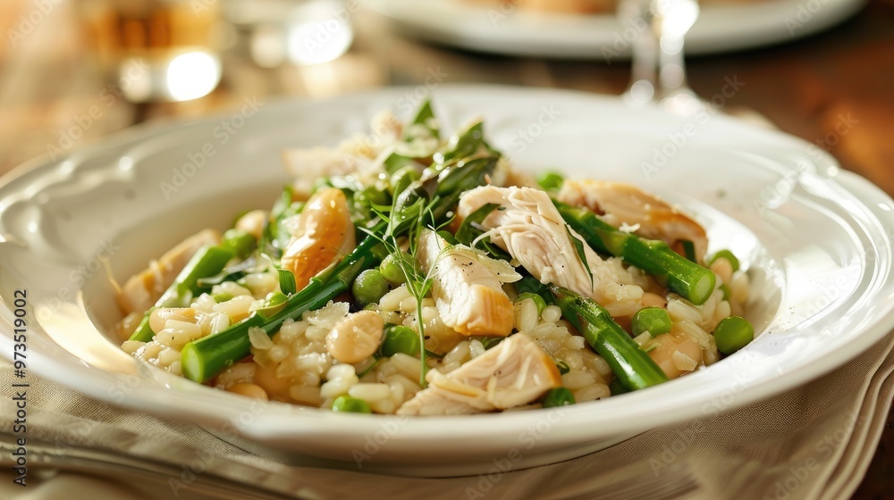 Turkey cheese asparagus and beans risotto dish