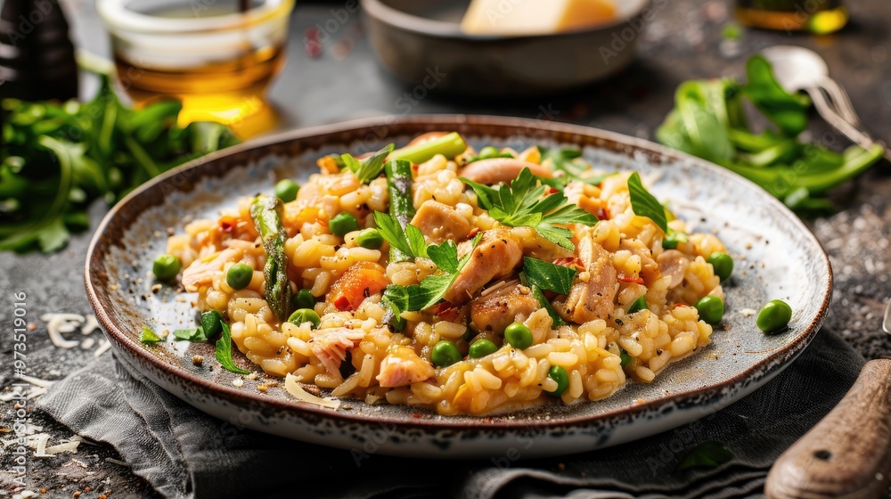 Turkey cheese asparagus and beans risotto dish Turkey cheese asparagus and beans risotto dish