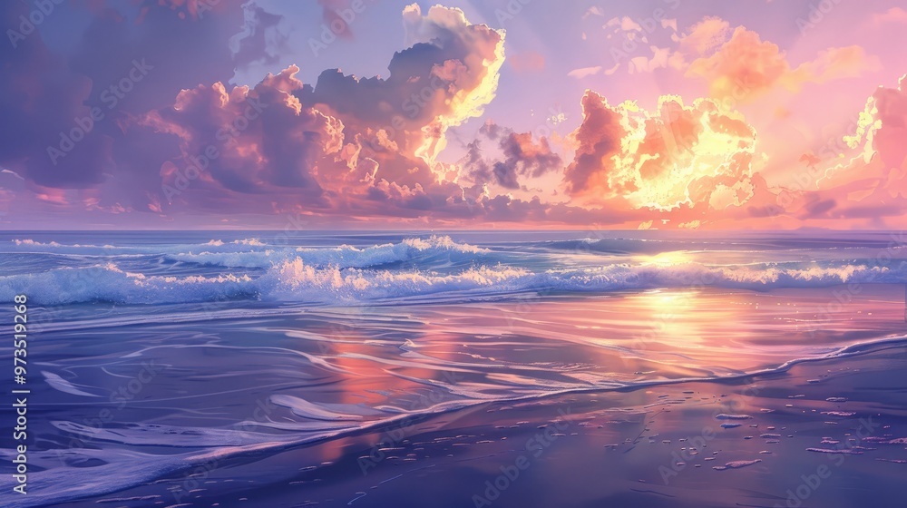 Fototapeta premium Twilight beach waves in the sky