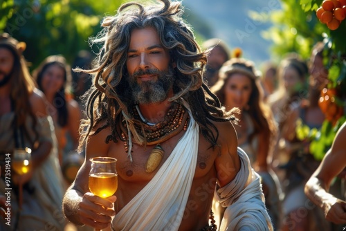 Dionysus, the youthful olympian god of wine and revelry in greek mythology, celebrated as deity of vegetation, viticulture, winemaking, embodying the essence of merriment and nature's bounty. Olympic  photo