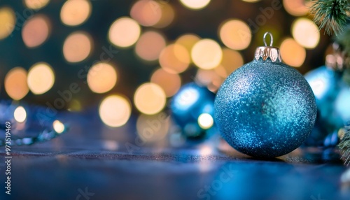 sparkling blue christmas ornament in focus with soft bokeh background radiating festive joy