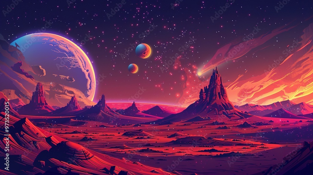 A Red Desert Landscape With a Distant Planet and Shooting Star A Red Desert Landscape With a Distant Planet and Shooting Star