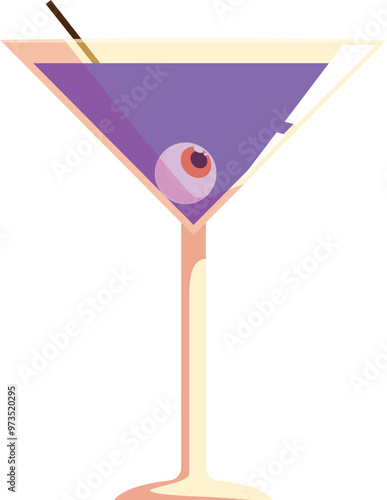 Spooky halloween cocktail is being mixed in a martini glass with an eyeball floating inside