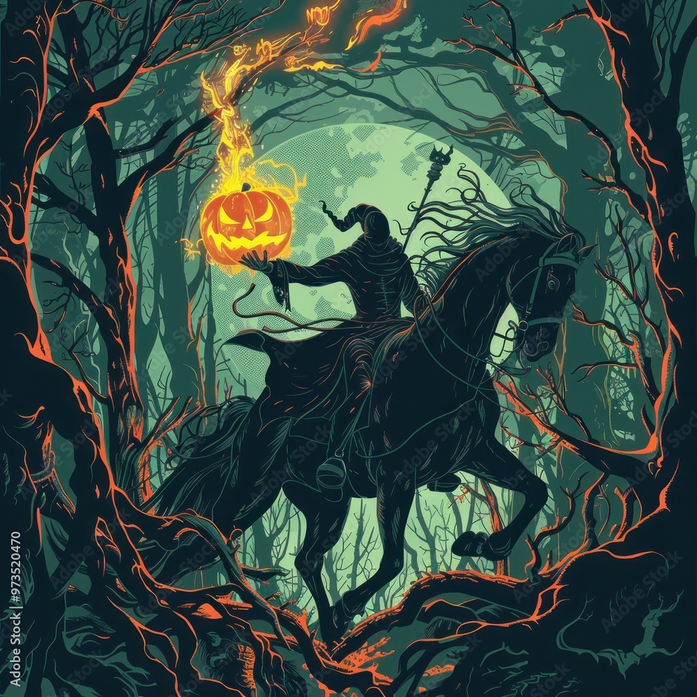 A hooded figure on horseback rides through a spooky forest holding a flaming jack-o-lantern in front of a full moon. A hooded figure on horseback rides through a spooky forest holding a flaming jack-o-lantern in front of a full moon.