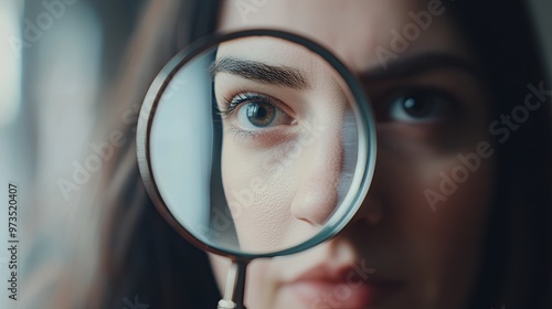 Focused magnifying glass over blurred human portrait, minimalist background with hidden clues, concept of investigation, discovery, and identity search. 