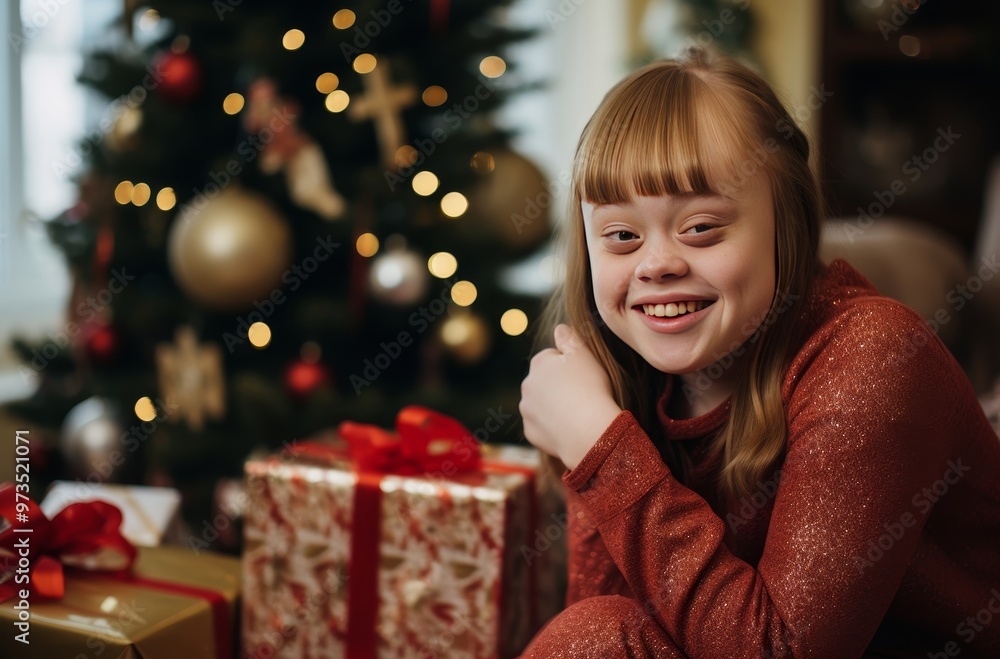 Smiling teenager with down syndrome posing near christmas tree Smiling teenager with down syndrome posing near christmas tree