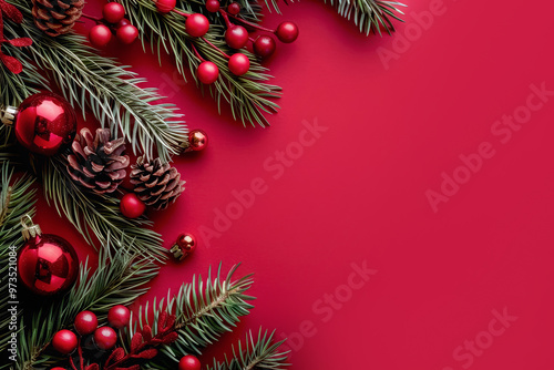 Festive Christmas card. Christmas tree branches with red decoration on red background