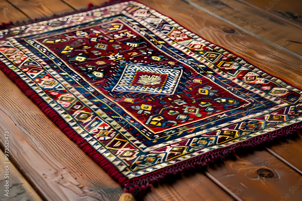 Beautifully designed Islamic prayer mat with detailed patterns, representing the sacredness of religious devotion Beautifully designed Islamic prayer mat with detailed patterns, representing the sacredness of religious devotion