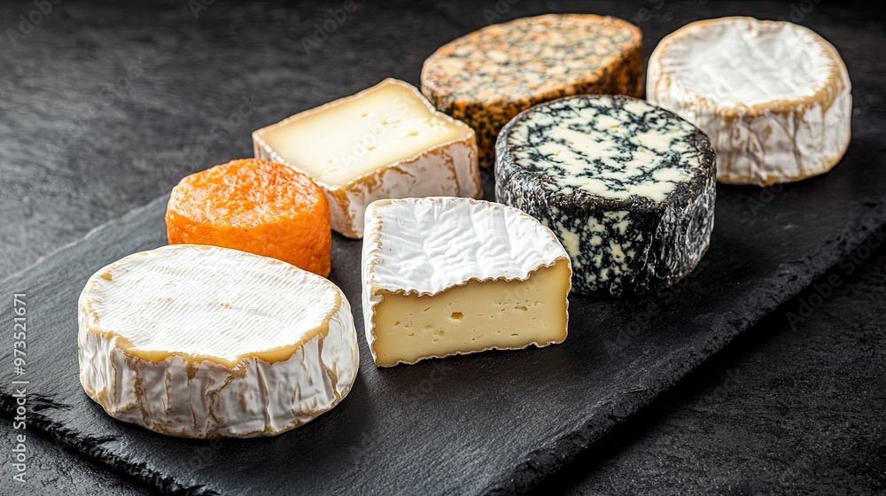 A variety of artisanal cheeses displayed on a slate board with an emphasis on the unique shapes and textures of each type. A variety of artisanal cheeses displayed on a slate board with an emphasis on the unique shapes and textures of each type.