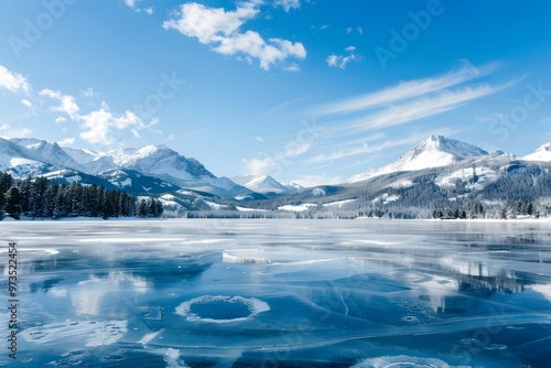 Breathtaking frozen lake with snow-covered mountains, a peaceful winter scene capturing nature's tranquility