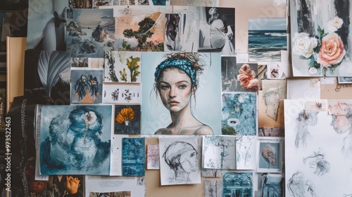 A wall covered in artwork, including a portrait of a woman with blue eyes and a blue headband, a painting of roses, and a sketch of a person's head.