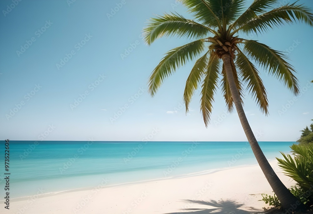 Fototapeta premium A tropical beach with a palm tree, clear blue sky, and calm turquoise waters