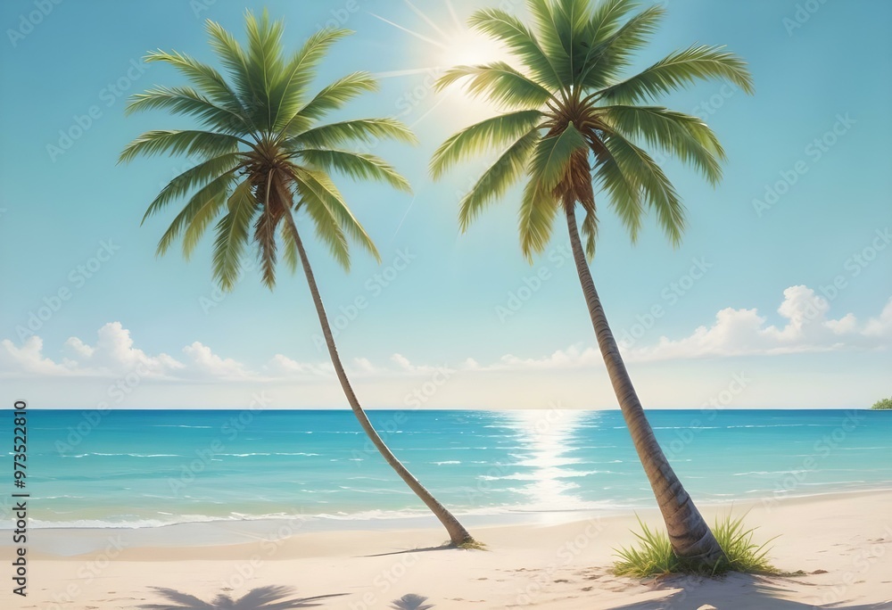 Obraz premium A tropical beach with a palm tree, clear blue sky, and calm turquoise waters