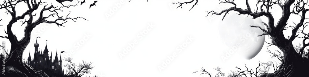 A spooky frame with silhouettes of haunted castles and gnarled trees under a full moon on a white background A spooky frame with silhouettes of haunted castles and gnarled trees under a full moon on a white background