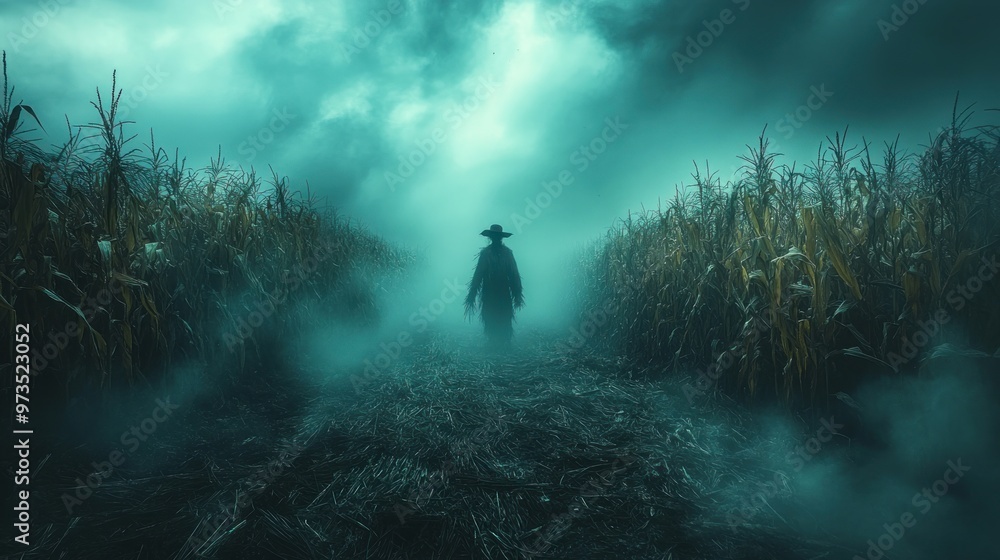 A mysterious figure stands in a foggy cornfield under dark skies. A mysterious figure stands in a foggy cornfield under dark skies.