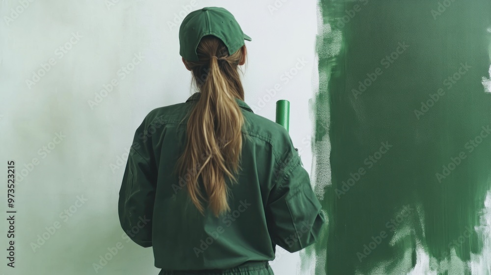 Woman in green overalls paints a wall with green paint. Woman in green overalls paints a wall with green paint.