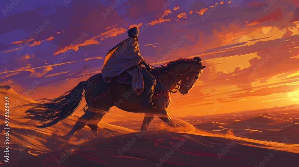 A lone rider on horseback gallops across the desert sands as the sun sets, casting a warm glow on the landscape. A lone rider on horseback gallops across the desert sands as the sun sets, casting a warm glow on the landscape.