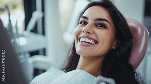 Woman with long dark hair smiling with white teeth in a dental chair.