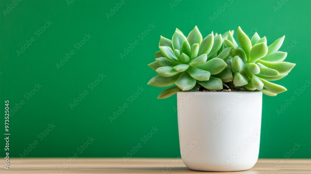 A close-up of a green succulent plant in a white pot, placed on a wooden desk with a green backdrop, representing a touch of nature indoors. A close-up of a green succulent plant in a white pot, placed on a wooden desk with a green backdrop, representing a touch of nature indoors.