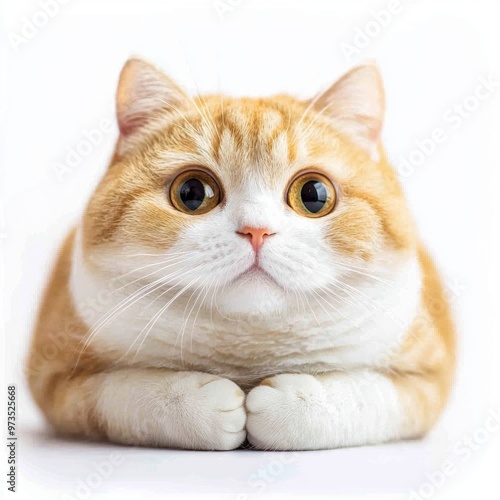 adorable Minuet cat sits with its short legs and round, plush body, exuding charm and curiosity while surrounded by a clean white background. photo