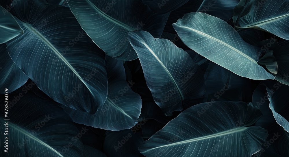 Obraz premium A close up of green leaves with water droplets on them. The leaves are arranged in a way that creates a sense of depth and movement. The image conveys a feeling of tranquility and calmness