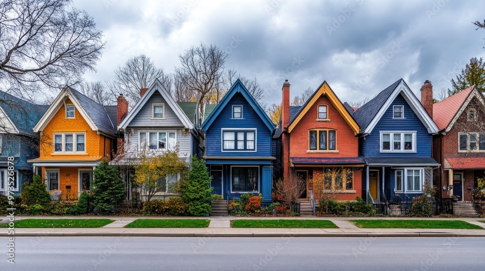 Row of colorful houses on a street with a sidewalk and green grass. Row of colorful houses on a street with a sidewalk and green grass.