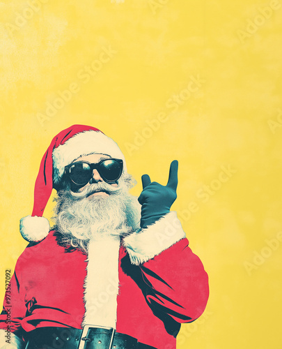 Hipster Santa pointing with a finger, yellow background
 - Pop art
