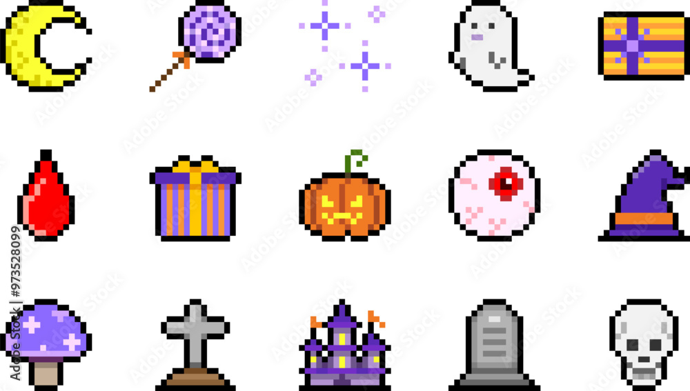Pixel art Halloween motif icon vector set Pixel art Halloween motif icon vector set