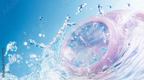 background with a pearlescent plastic wrist watch and a gentle water splash in an ultra-soft focus, emphasizing a dreamy, ethereal y2k aesthetic, pure blue sky background photo