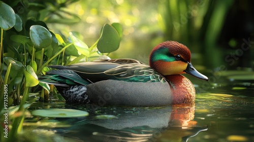 A green-winged teal duck swims in a pond with lush green foliage in the background. photo