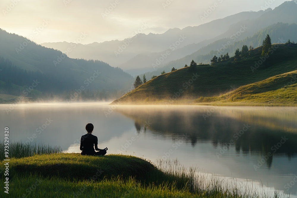 Mindful Meditation by the Lake at Dawn with Stunning Natural Landscape Mindful Meditation by the Lake at Dawn with Stunning Natural Landscape