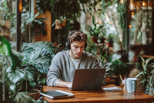 Man Working in a Cozy Coffee Shop on Laptop with a Focus on Freelancing Lifestyle